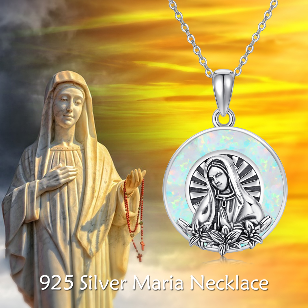 Sterling Silver Opal Virgin Mary Pendant Necklace-6