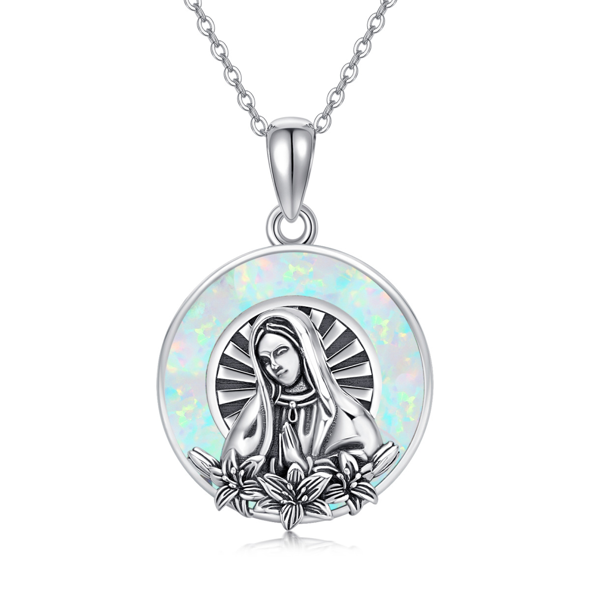 Sterling Silver Opal Virgin Mary Pendant Necklace-1