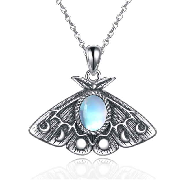 Sterling Silver Oval Moonstone Moth Pendant Necklace-1