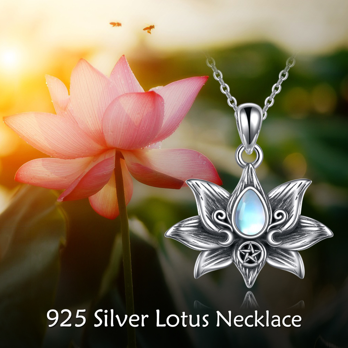 Sterling Silver Moonstone Lotus Moon Goddess Pendant Necklace-6