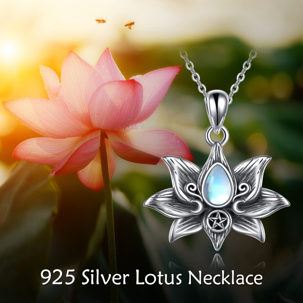 Plata de Ley Moonstone Lotus Diosa de la Luna Colgante Collar-6