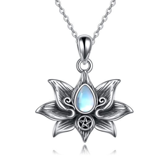 Sterling Silver Moonstone Lotus Moon Goddess Pendant Necklace