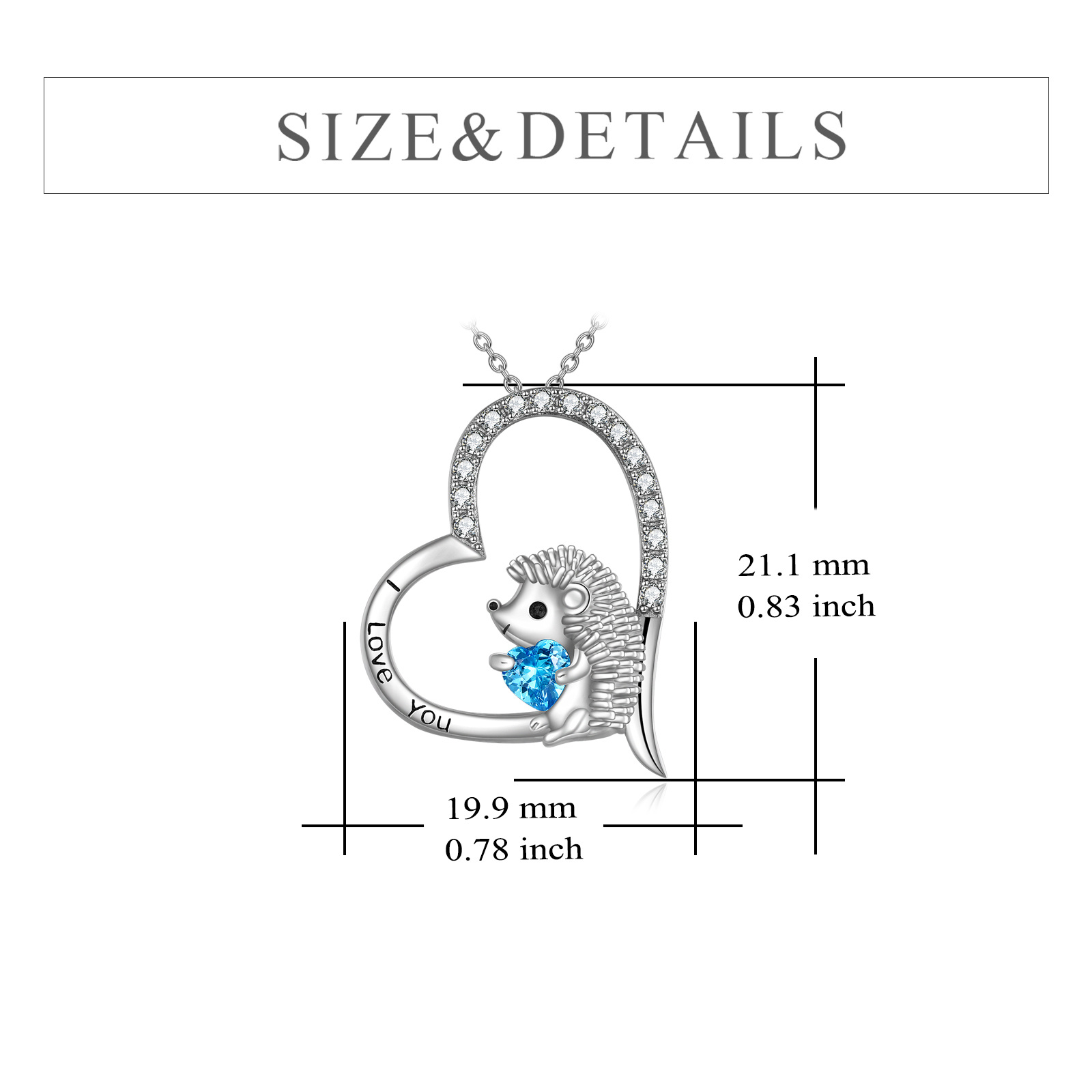 Sterling Silver Circular Shaped & Heart Shaped Cubic Zirconia Hedgehog & Heart Pendant Necklace with Engraved Word-5