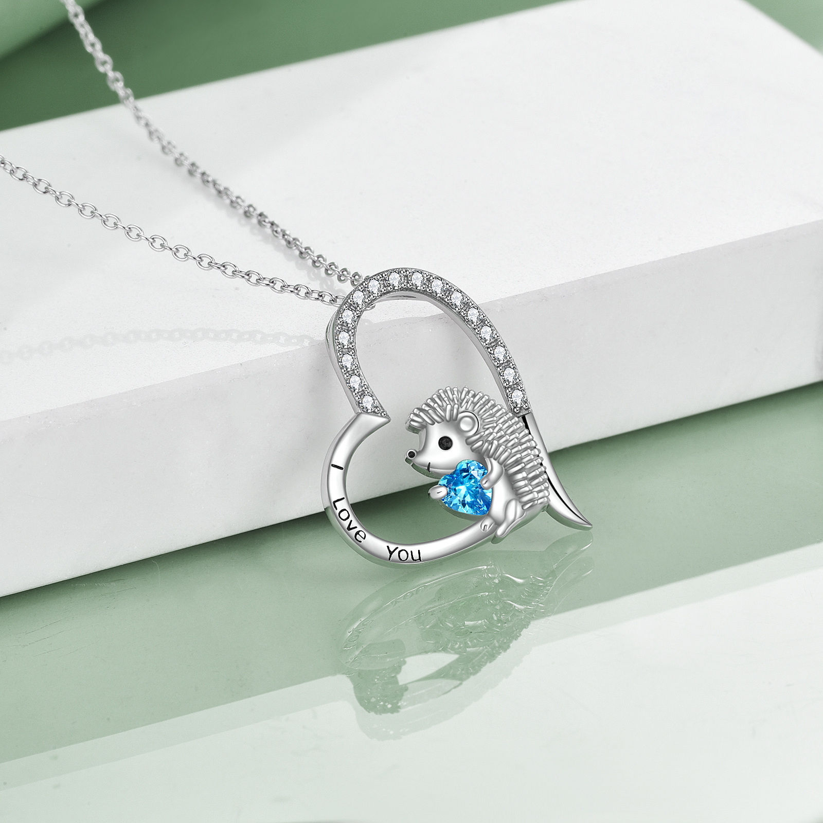 Sterling Silver Circular Shaped & Heart Shaped Cubic Zirconia Hedgehog & Heart Pendant Necklace with Engraved Word-4