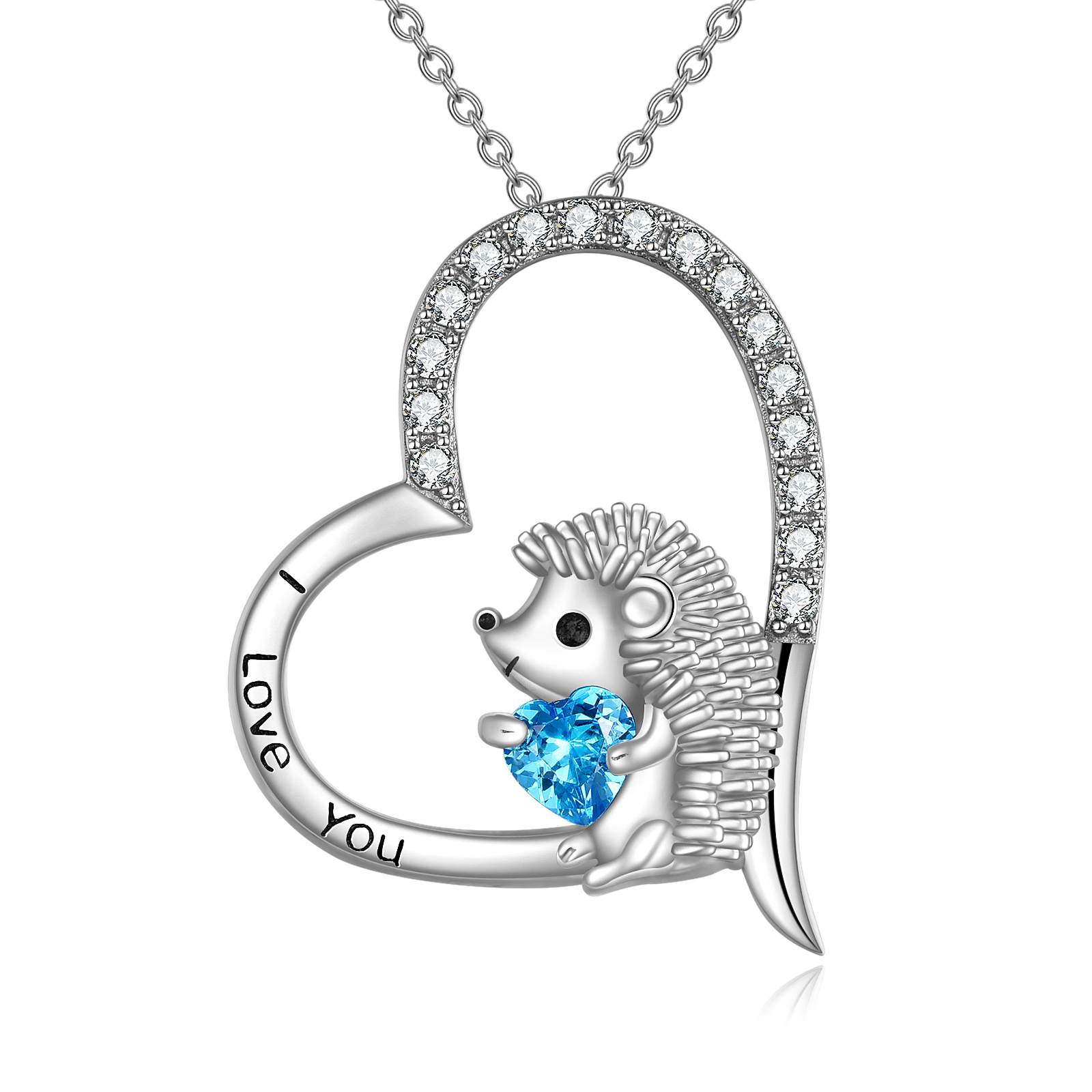 Sterling Silver Circular Shaped & Heart Shaped Cubic Zirconia Hedgehog & Heart Pendant Necklace with Engraved Word-1