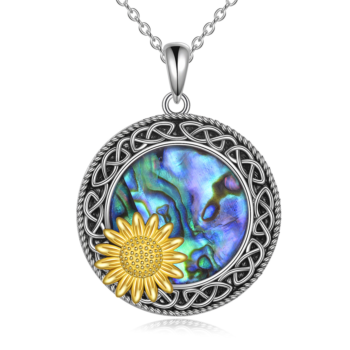 Sterling Silver Two-tone Abalone Shellfish Sunflower & Celtic Knot & Round Pendant Necklace-1