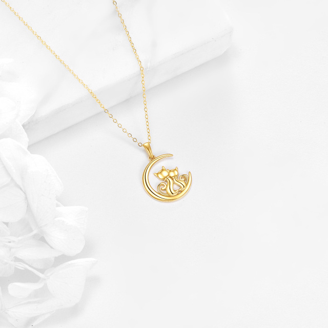 14K Gold Cat & Moon Pendant Necklace-3