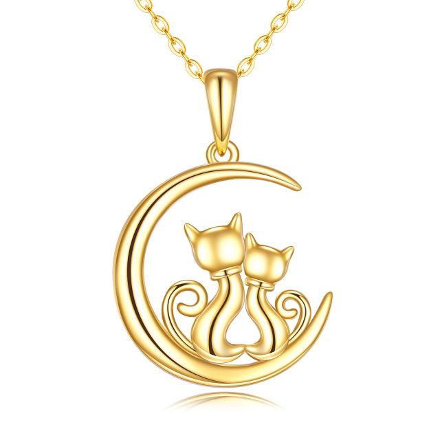 14K Gold Cat & Moon Pendant Necklace-1