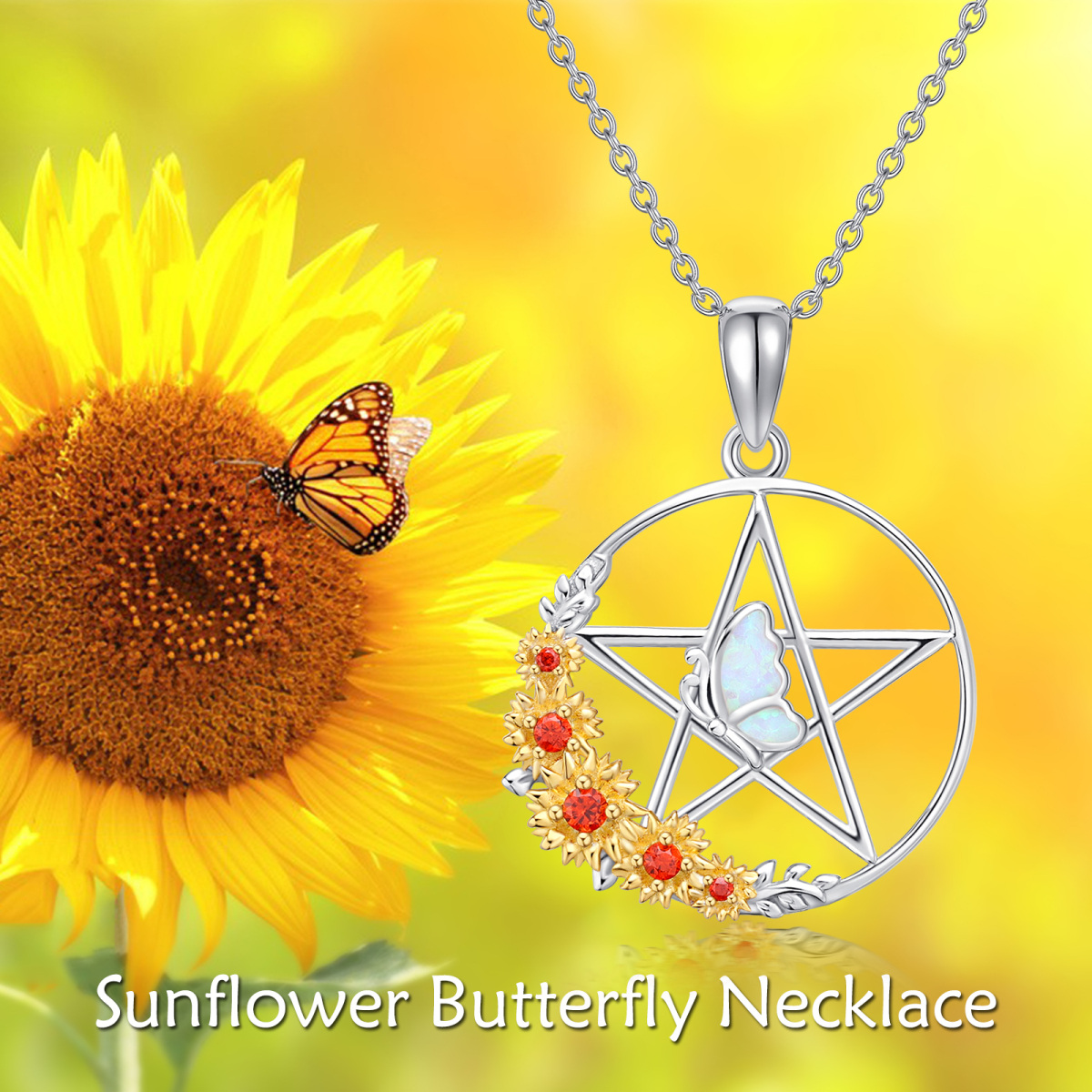 Sterling Silver Two-tone Opal Butterfly & Sunflower & Pentagram Pendant Necklace-6