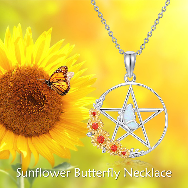Sterling Silver Two-tone Opal Butterfly & Sunflower & Pentagram Pendant Necklace-5