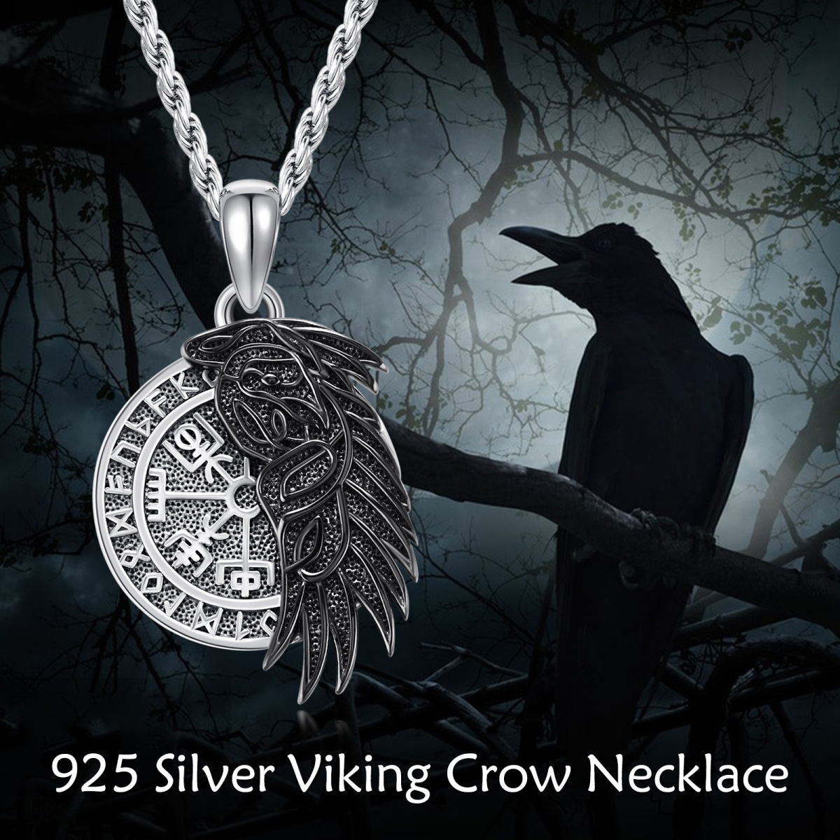 Sterling Silver Two-tone Raven & Viking Rune Pendant Necklace for Men-6