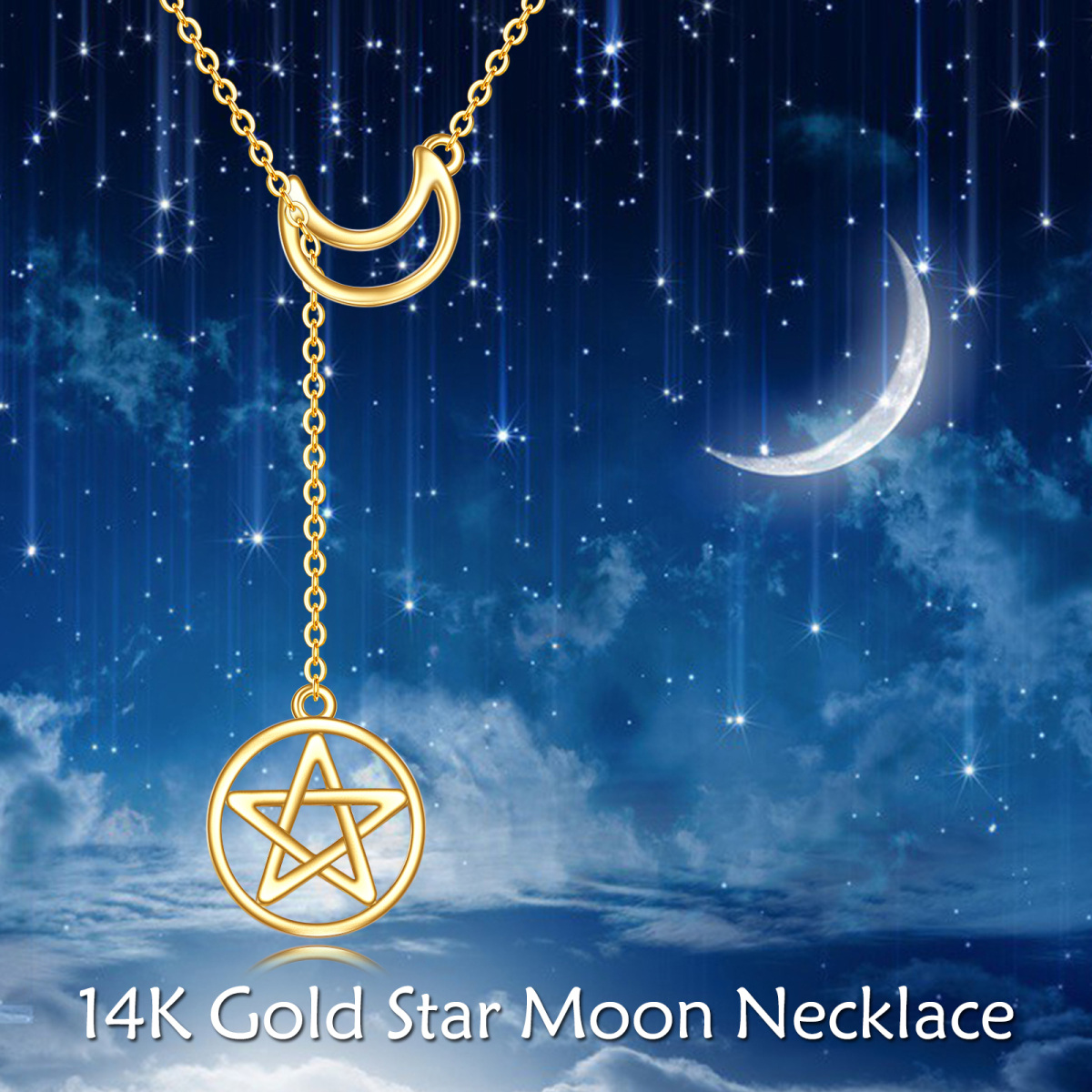14K Gold Moon & Pentagram Adjustable Y Necklace-6