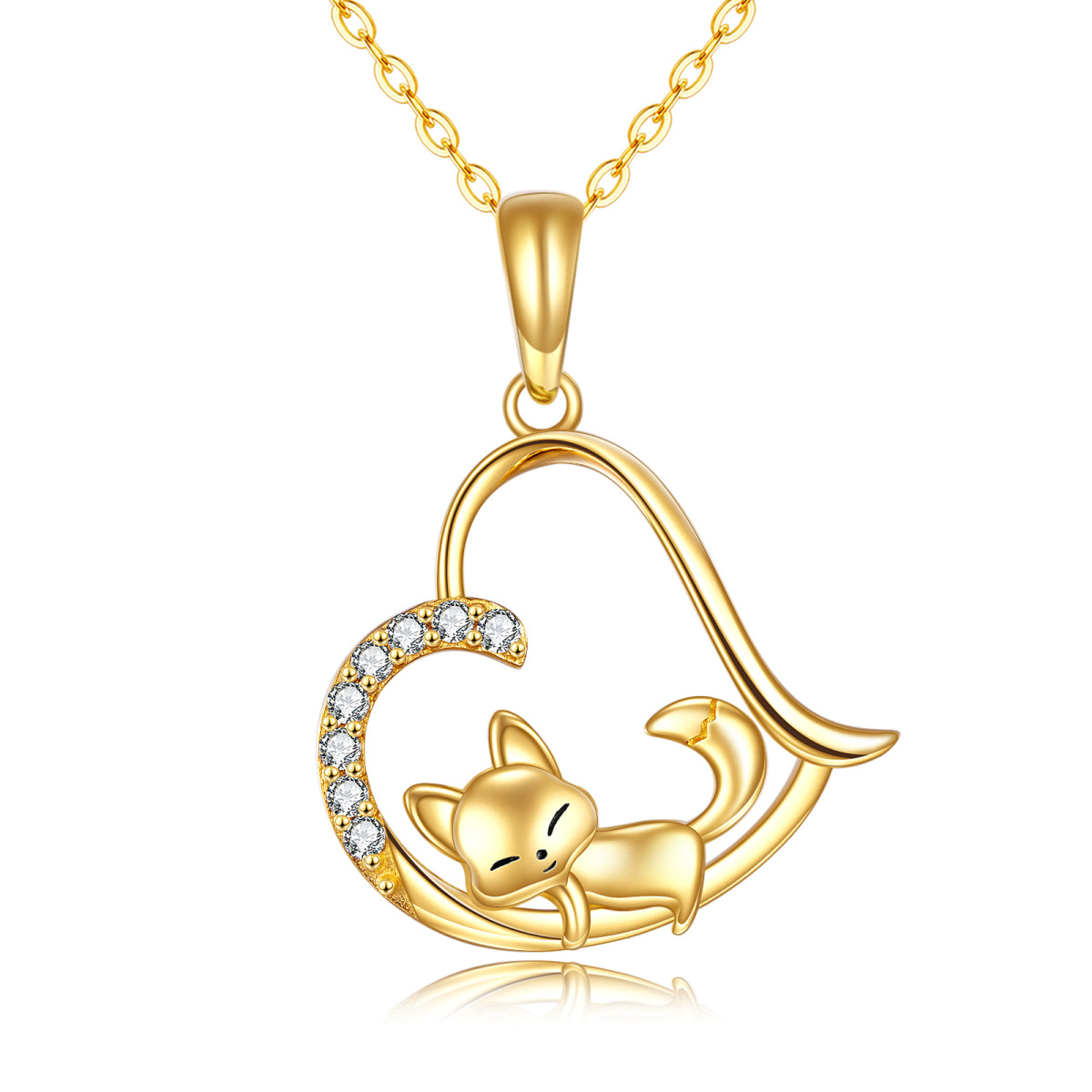 14K Gold Cubic Zirconia Fox & Heart Pendant Necklace-1