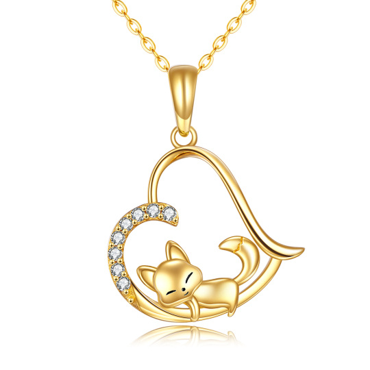 Collana con ciondolo a forma di volpe e cuore in oro 14K con zirconia cubica