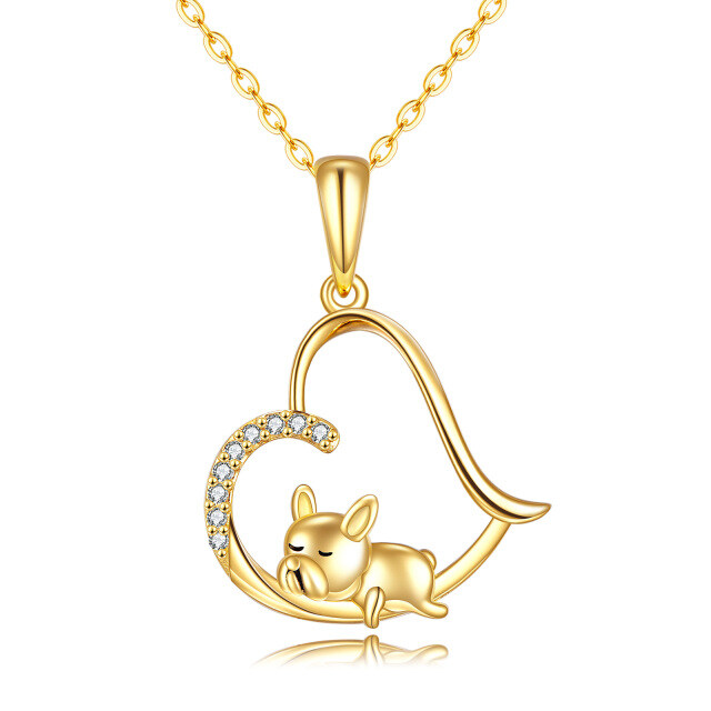 Colar com pingente de coração de cachorro com zircônia cúbica em ouro 14K-0