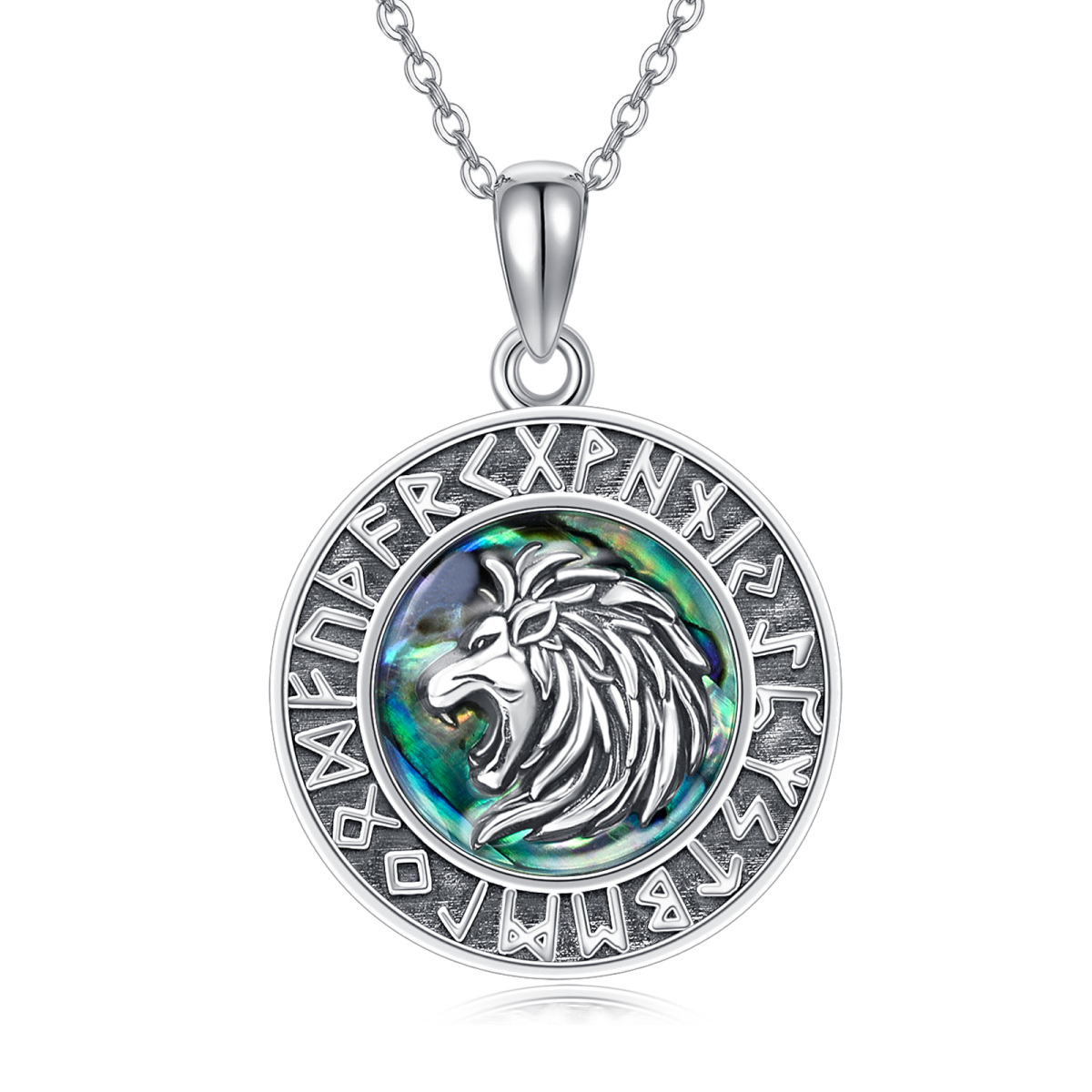 Collar de plata de ley con forma redonda de concha de abulón, león y runa vikinga-1