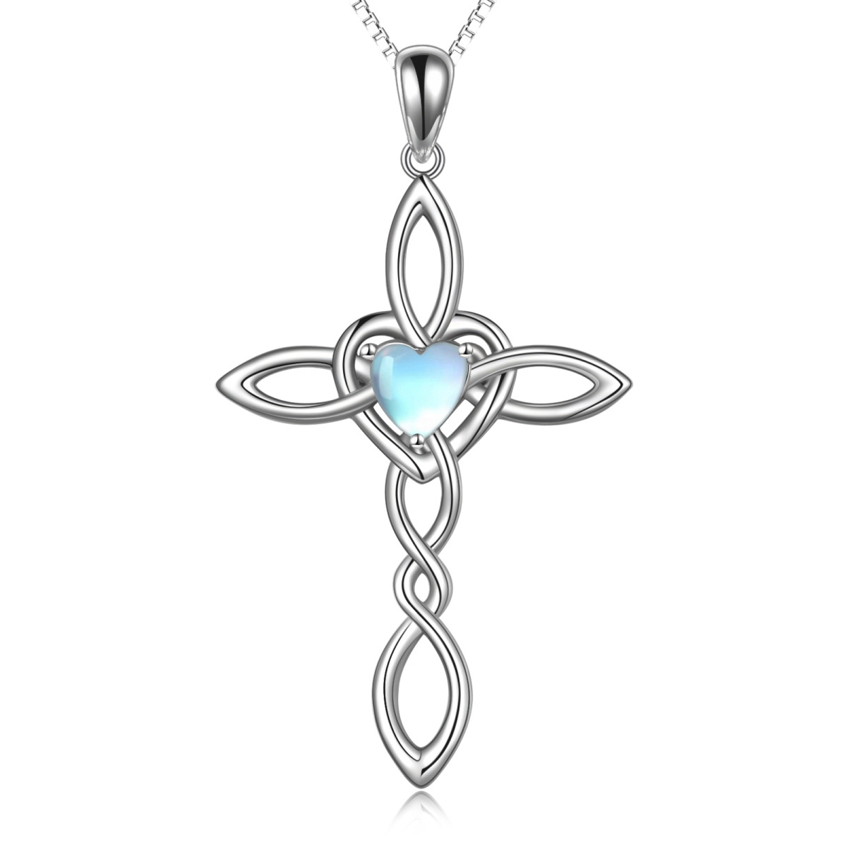 Sterling Silver Heart Shaped Moonstone Celtic Knot & Cross & Heart Pendant Necklace-1