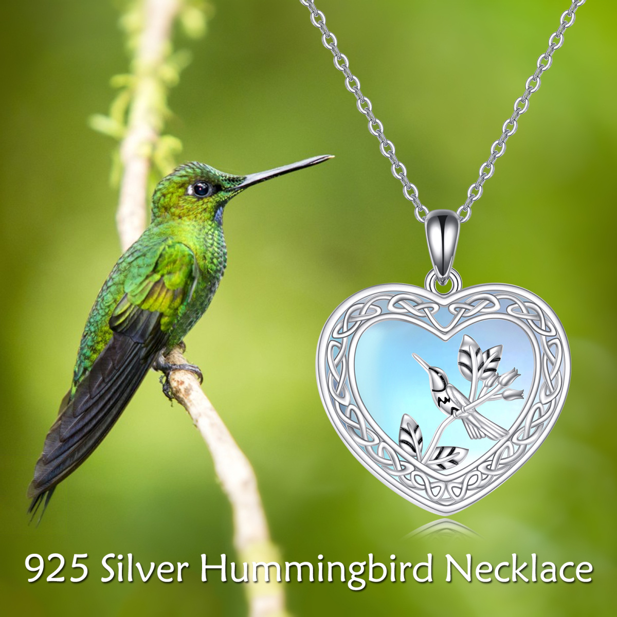 Sterling Silver Two-tone Heart Moonstone Hummingbird & Heart Pendant Necklace-6