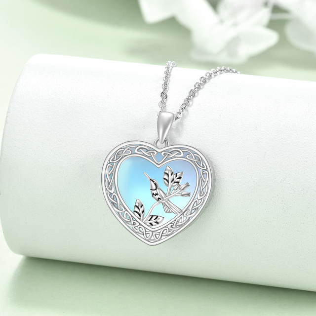 Sterling Silver Two-tone Heart Moonstone Hummingbird & Heart Pendant Necklace-2