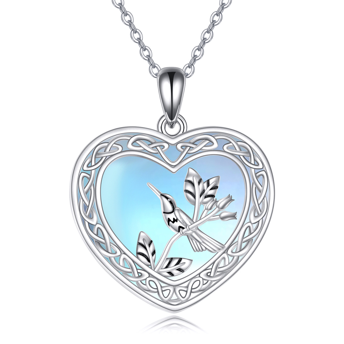 Sterling Silver Two-tone Heart Moonstone Hummingbird & Heart Pendant Necklace-1