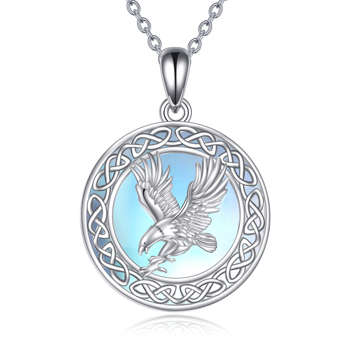 Sterling Silver Round Moonstone Eagle & Celtic Knot Pendant Necklace-1