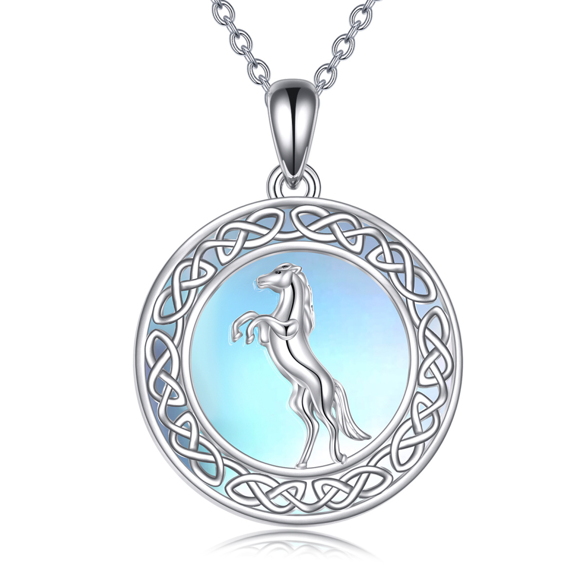 Sterling Silver Circular Shaped Moonstone Horse & Celtic Knot Pendant Necklace-1