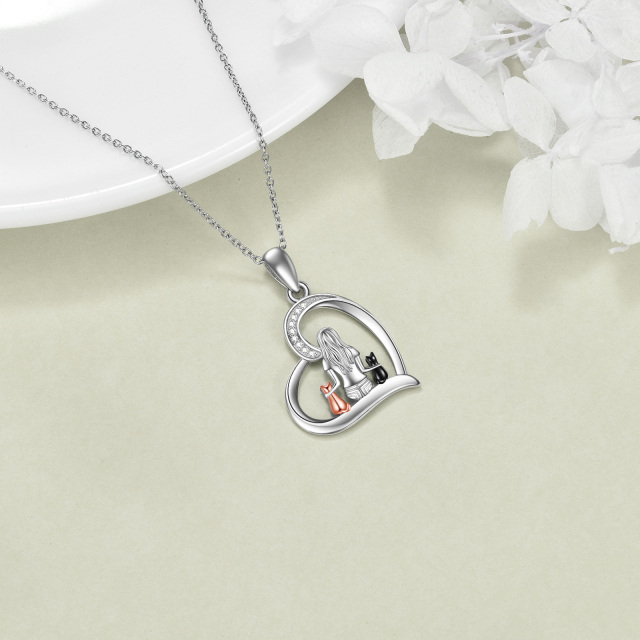 Sterling Silver Cubic Zirconia Cat & Girl Heart Pendant Necklace-4