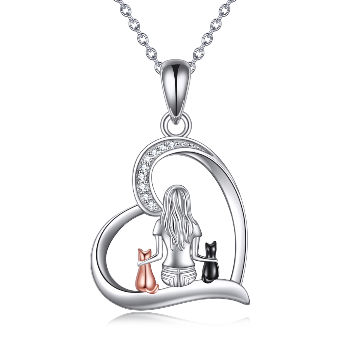 Sterling Silber Cubic Zirkonia Katze & Mädchen Herz-Anhänger Halskette-1