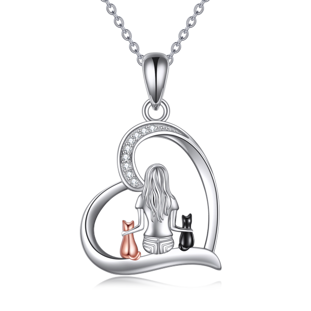 Sterling Silver Cubic Zirconia Cat & Girl Heart Pendant Necklace-0