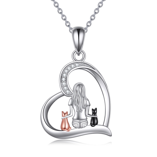 Sterling Silver Cubic Zirconia Cat & Girl Heart Pendant Necklace-3