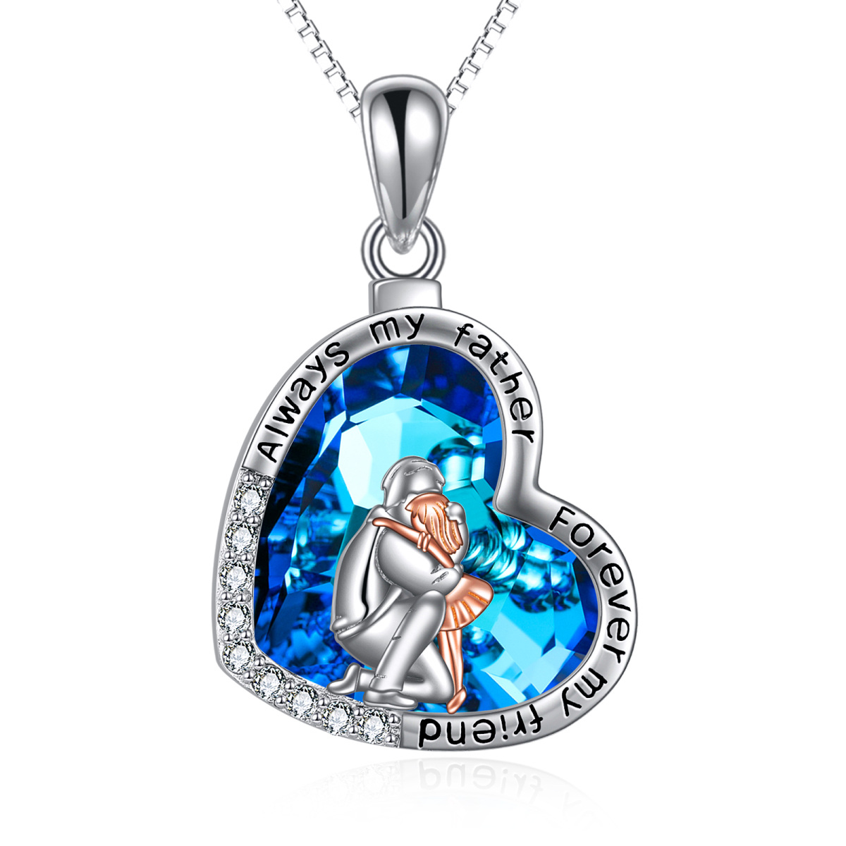Sterling Silver Two-tone Heart Shaped Father & Daughter Blue Heart Crystal Pendant Necklace for Daughter-1