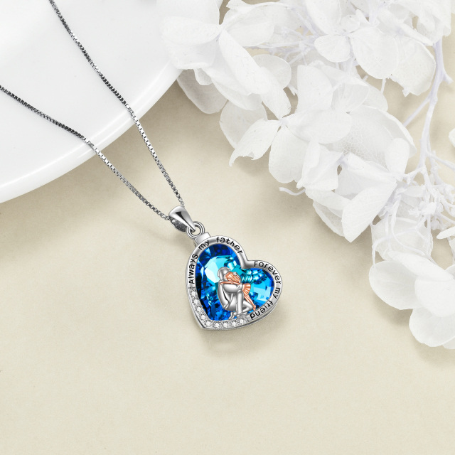 Colar de prata esterlina com dois tons em forma de coração para pai e filha com pingente de cristal de coração azul para filha-3