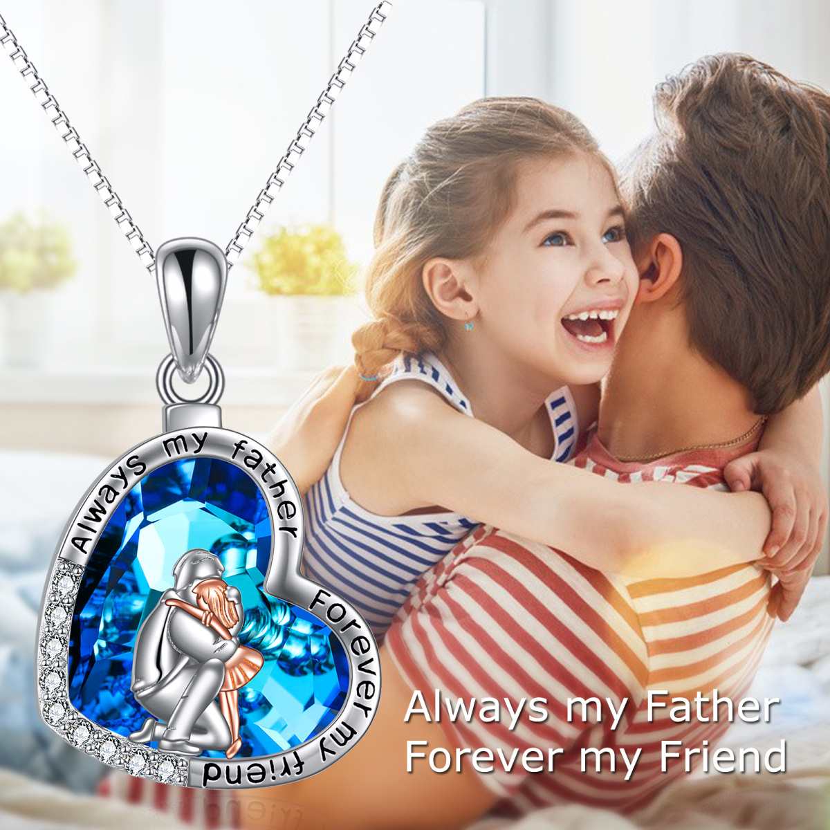 Sterling Silver Two-tone Heart Shaped Father & Daughter Blue Heart Crystal Pendant Necklace for Daughter-6