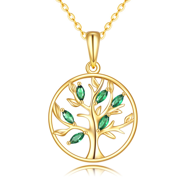 14K Gold Oval Shaped Cubic Zirconia Tree Of Life Pendant Necklace-0