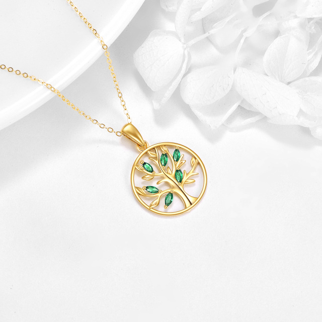 14K Gold Oval Shaped Cubic Zirconia Tree Of Life Pendant Necklace-3