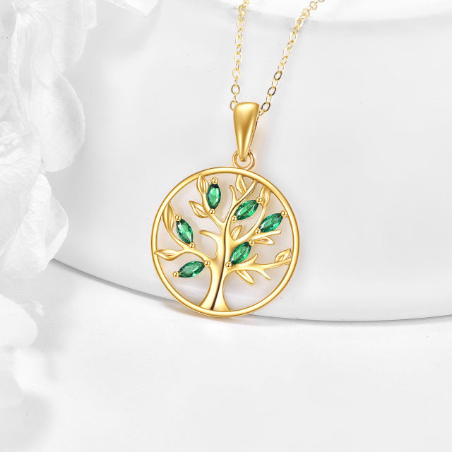 14K Gold Oval Shaped Cubic Zirconia Tree Of Life Pendant Necklace-2