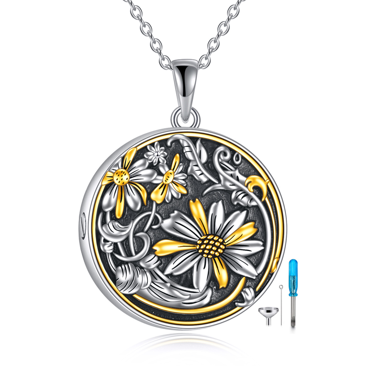 Sterling Silber zweifarbig Sonnenblume Gänseblümchen Urne Halskette für Asche-1