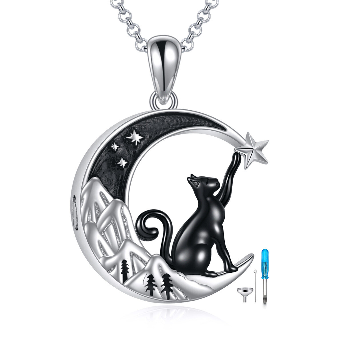 Sterling Silver Two-tone Cat Moon & Star Mountains Urn Necklace for Ashes-1