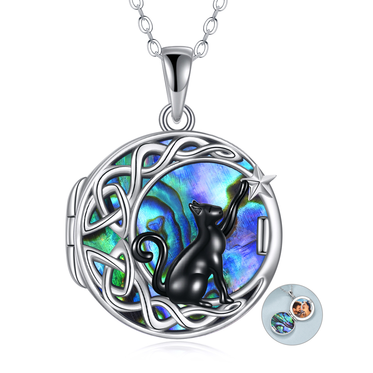 Sterling Silver Two-tone Circular Shaped Abalone Shellfish Cat Personalized Photo Locket Necklace-1