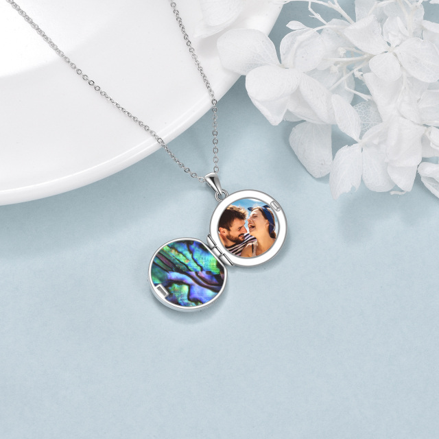 Sterling Silver Two-tone Circular Shaped Abalone Shellfish Cat Personalized Photo Locket Necklace-3