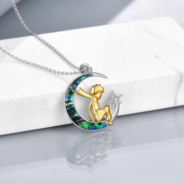 Sterling Silver Two-tone Abalone Shellfish & Cubic Zirconia Moon & Star Pendant Necklace-2