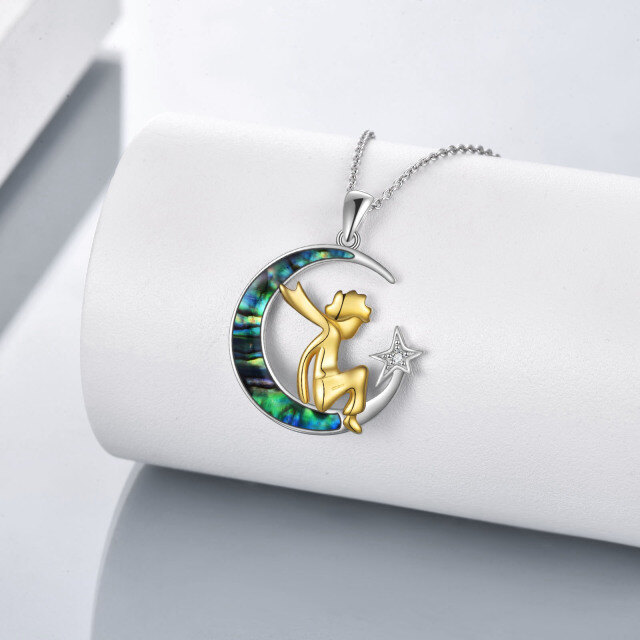 Sterling Silver Two-tone Abalone Shellfish & Cubic Zirconia Moon & Star Pendant Necklace-3