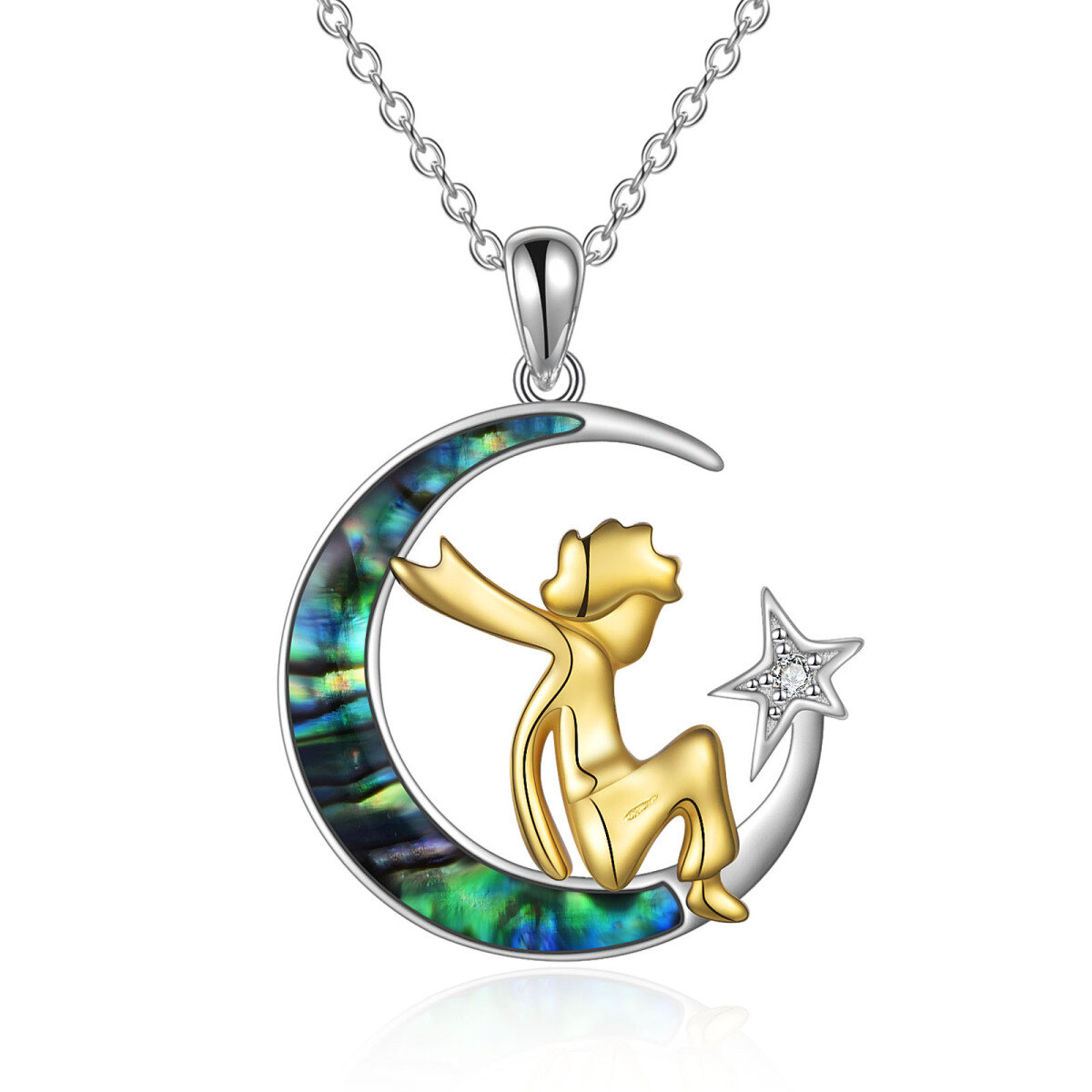 Sterling Silver Two-tone Abalone Shellfish & Cubic Zirconia Moon & Star Pendant Necklace-1