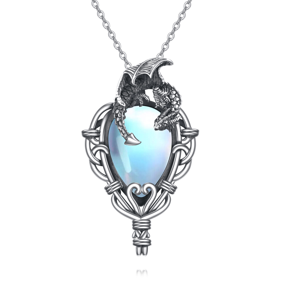 Sterling Silver Pear Shaped Moonstone Dragon Pendant Necklace-1