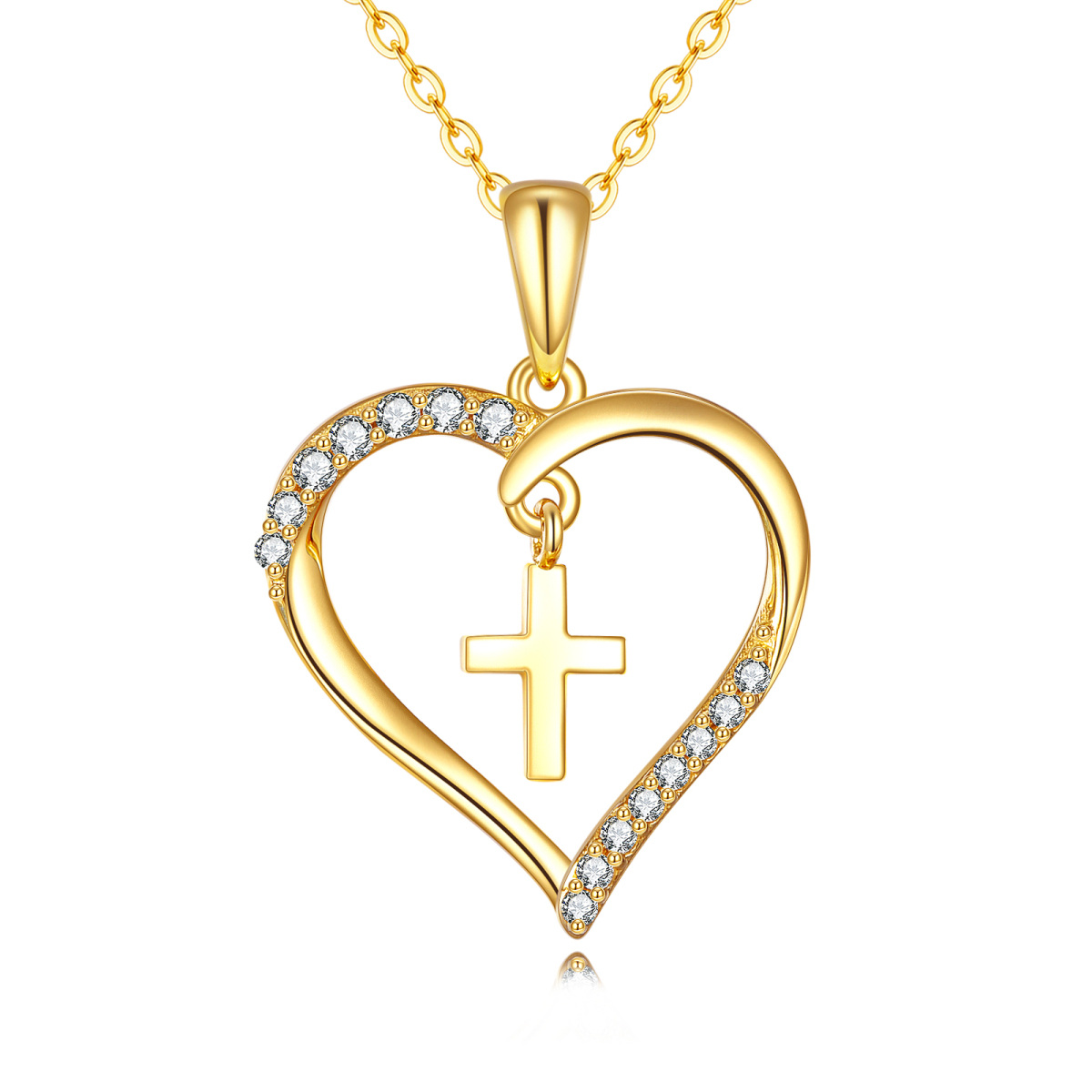 Collier en or 14K avec pendentif croix et coeur en zircon cubique de forme circulaire-1