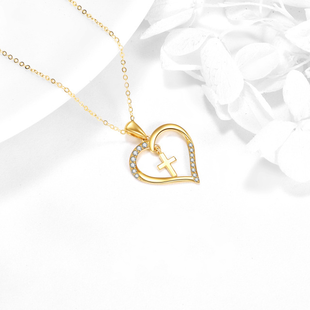 14K Gold Circular Shaped Cubic Zirconia Cross & Heart Pendant Necklace-3