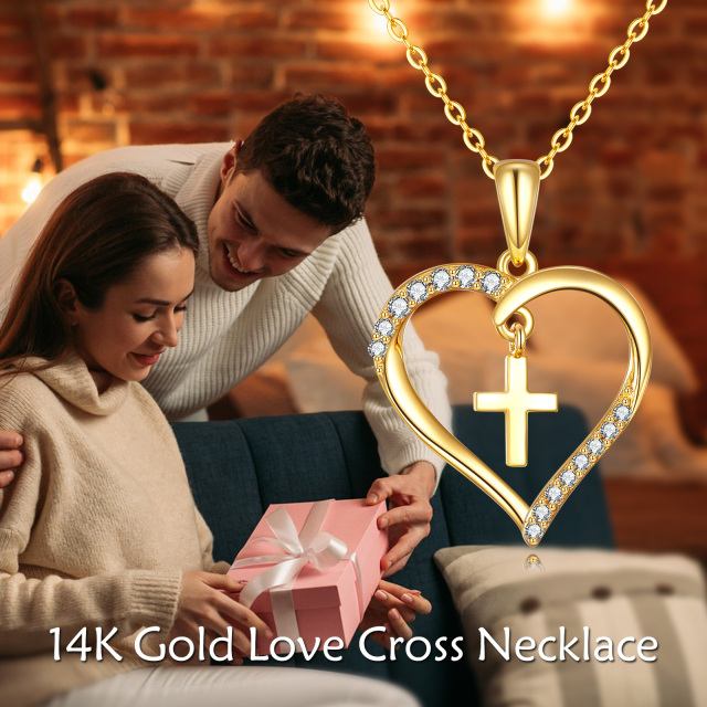 14K Gold Circular Shaped Cubic Zirconia Cross & Heart Pendant Necklace-4