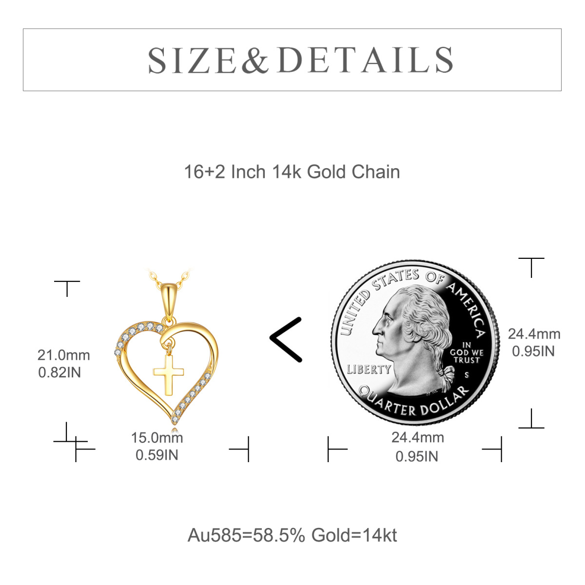 14K Gold kreisförmig Cubic Zirkonia Kreuz & Herz Anhänger Halskette-6