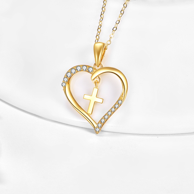 14K Gold Circular Shaped Cubic Zirconia Cross & Heart Pendant Necklace-2