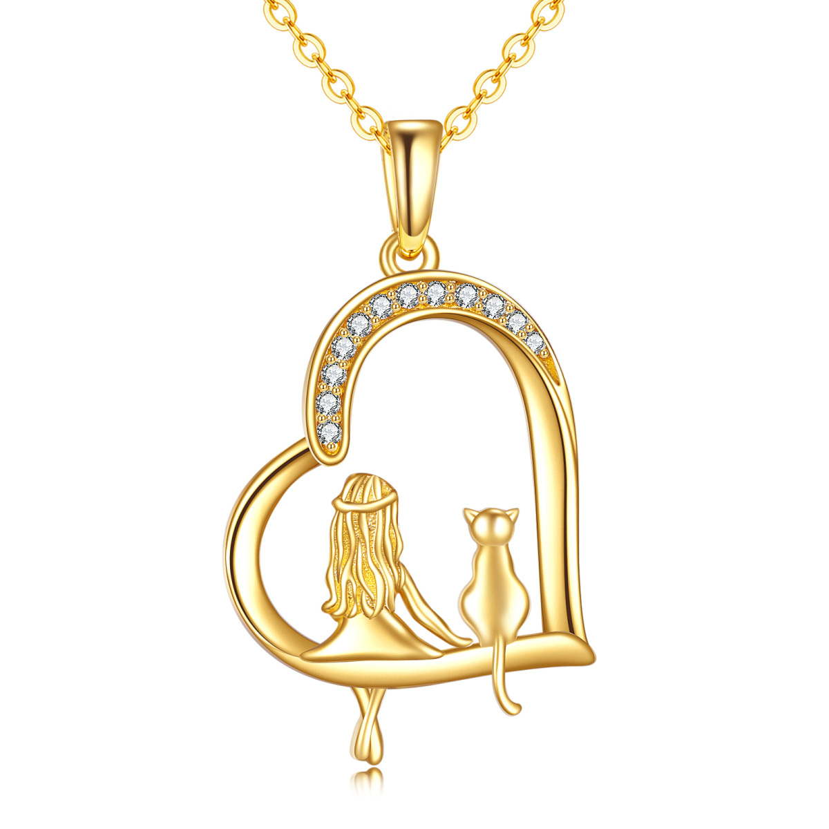 14K Gold Heart Cat & Girl Pendant Necklace-1